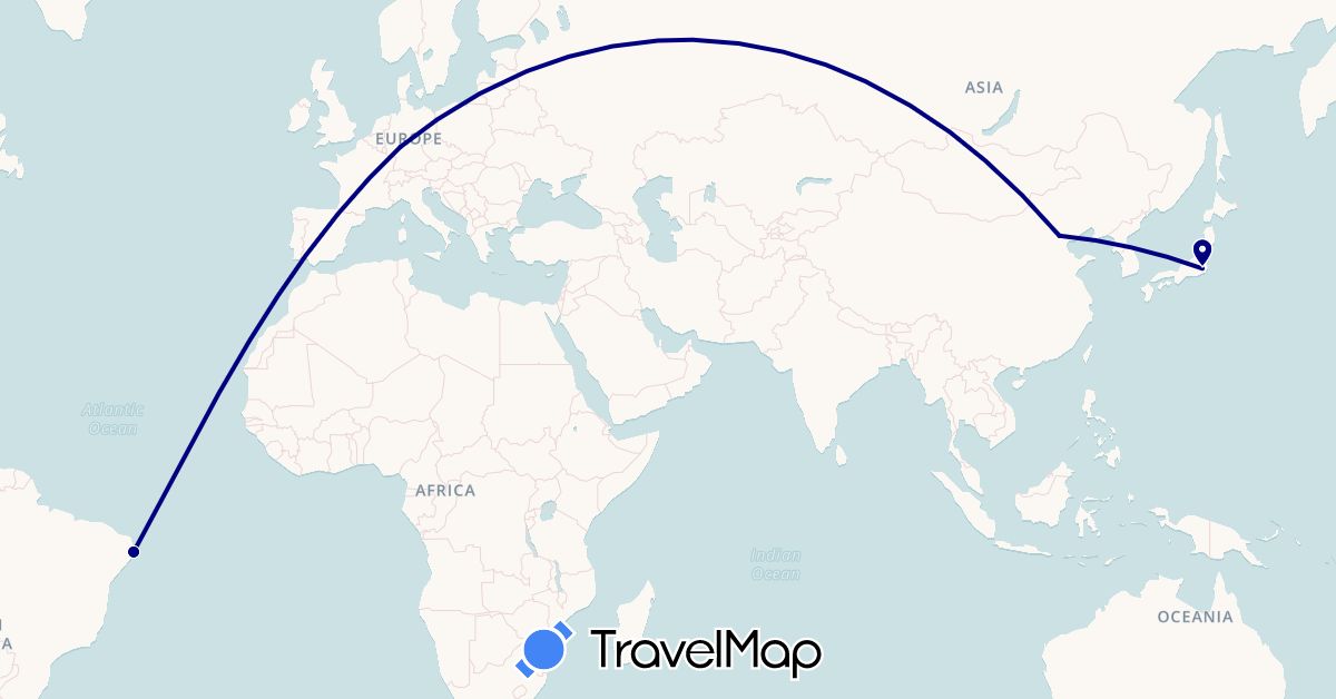 TravelMap itinerary: driving in Brazil, China, Germany, Japan (Asia, Europe, South America)